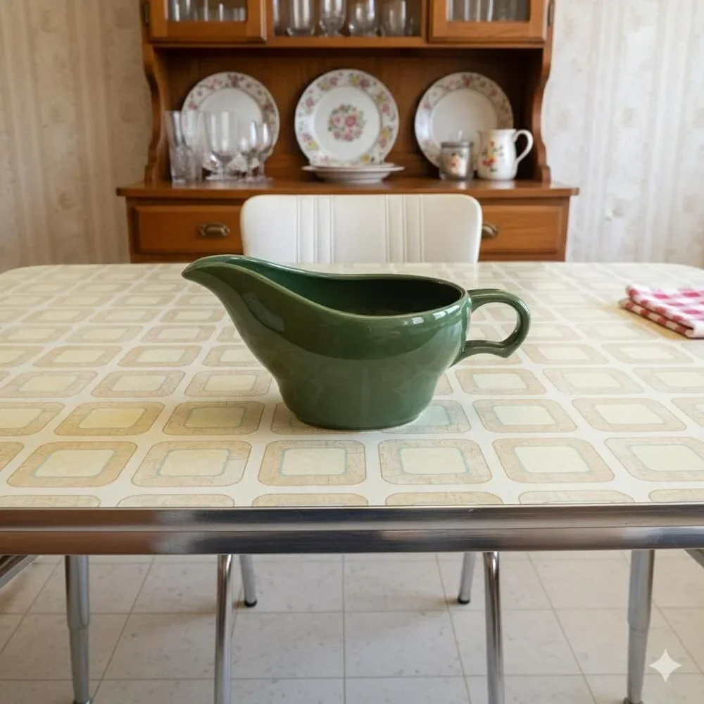 Vintage Green Ceramic Gravy Boat | Mid-Century Farmhouse Serving Dish